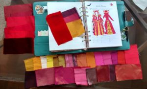 Costume sketch and many fabric swatches