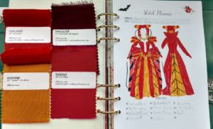 Costume sketch and fabric swatches